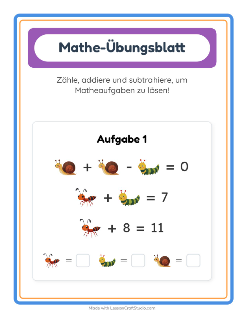 Vorschau: Mathe-Arbeitsblatt-Arbeitsblatt mit Insekten und Käfer für Kindergarten