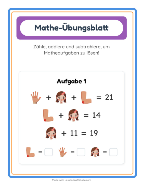 Vorschau: Mathe-Arbeitsblatt-Arbeitsblatt mit Körperteile für Kindergarten