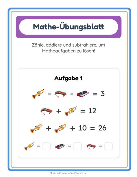 Vorschau: Mathe-Arbeitsblatt-Arbeitsblatt mit Musik für Kindergarten