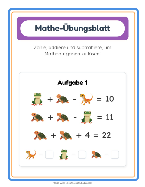 Vorschau: Plus und Minus mit Reptilien — jedes Bild ist eine Zahl — Arbeitsblatt für die 2. Klasse