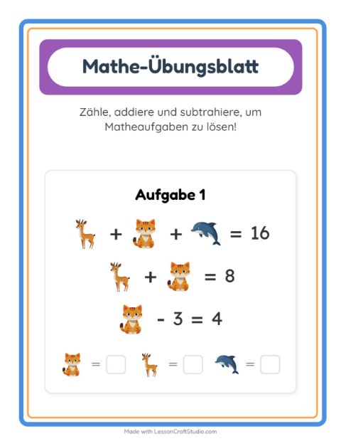 Vorschau: Mathe-Arbeitsblatt-Arbeitsblatt mit Tiere für Kindergarten