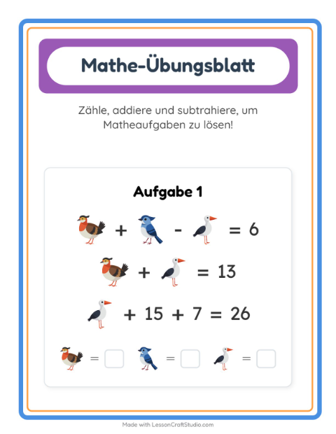 Vorschau: Mathe-Arbeitsblatt-Arbeitsblatt mit Vögel 2 für Kindergarten