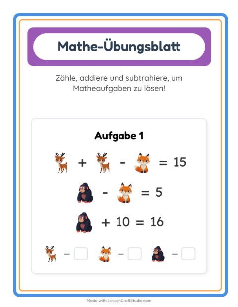 Vorschau: Mathe-Arbeitsblatt-Arbeitsblatt mit Zootiere für Kindergarten