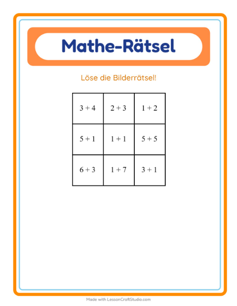 Vorschau: Mathe-Rätsel-Arbeitsblatt mit Körperteile für 1. Klasse
