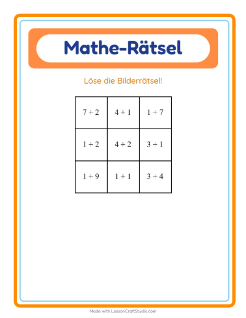 Vorschau: Mathe-Rätsel-Arbeitsblatt mit Sommer für 1. Klasse