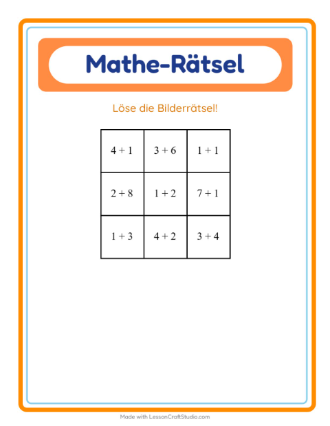 Vorschau: Mathe-Rätsel-Arbeitsblatt mit Tiere für 1. Klasse