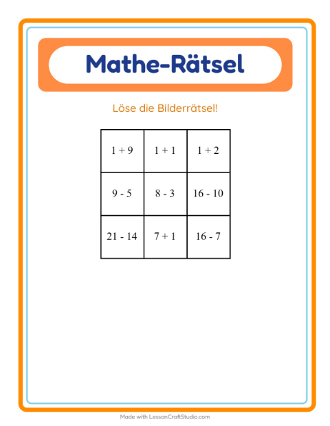 Vorschau: Mathe-Rätsel-Arbeitsblatt mit Aktivitäten für 1. Klasse