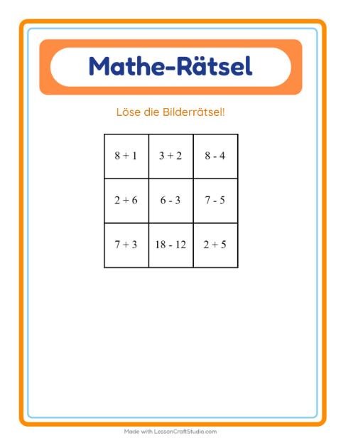 Vorschau: Mathe-Rätsel-Arbeitsblatt mit Camping für 1. Klasse