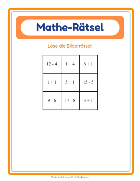 Vorschau: Mathe-Rätsel-Arbeitsblatt mit Insekten und Käfer für 1. Klasse