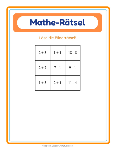 Vorschau: Mathe-Rätsel-Arbeitsblatt mit Körperteile für 1. Klasse