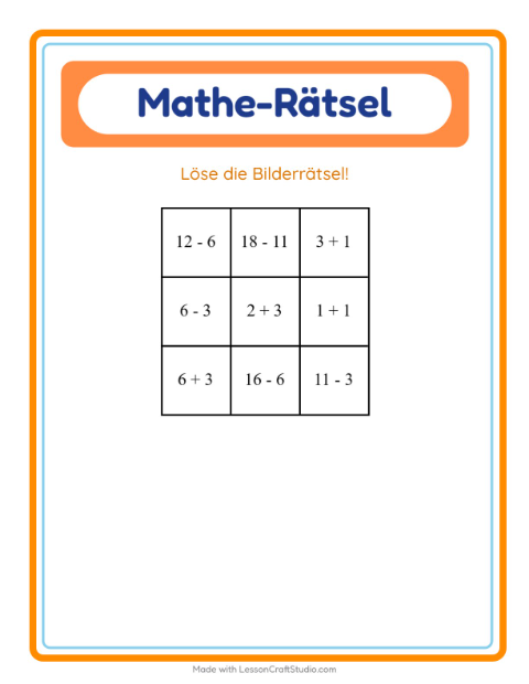 Vorschau: Mathe-Rätsel-Arbeitsblatt mit Vögel 2 für 1. Klasse