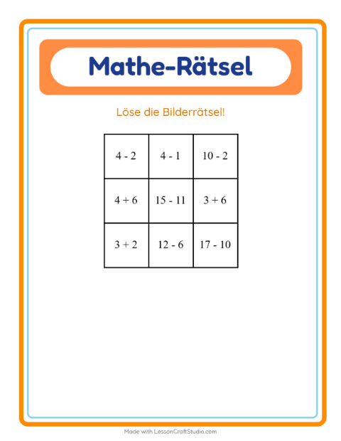Vorschau: Mathe-Rätsel-Arbeitsblatt mit Vögel für 1. Klasse