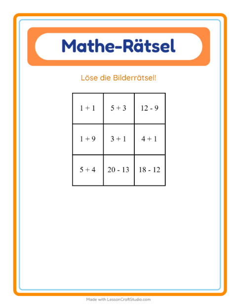 Vorschau: Mathe-Rätsel-Arbeitsblatt mit Waldtiere für 1. Klasse