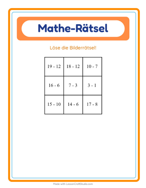 Vorschau: Mathe-Rätsel-Arbeitsblatt mit Accessoires für 1. Klasse
