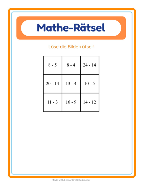 Vorschau: Mathe-Rätsel-Arbeitsblatt mit Aktivitäten für 1. Klasse