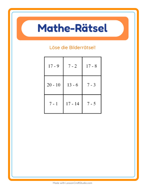 Vorschau: Mathe-Rätsel-Arbeitsblatt mit Insekten und Käfer für 1. Klasse