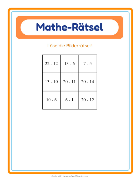 Vorschau: Mathe-Rätsel-Arbeitsblatt mit Möbel für 1. Klasse