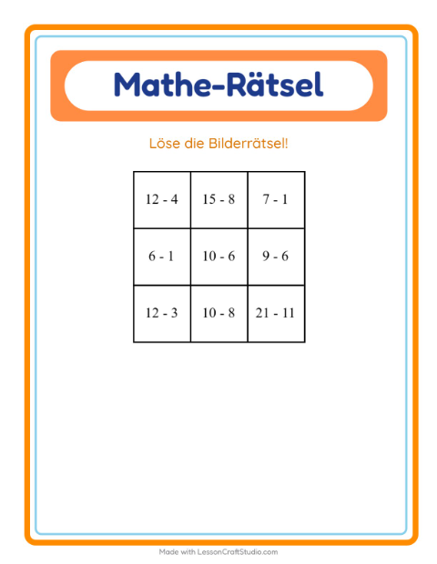 Vorschau: Mathe-Rätsel-Arbeitsblatt mit Verschiedenes für 1. Klasse