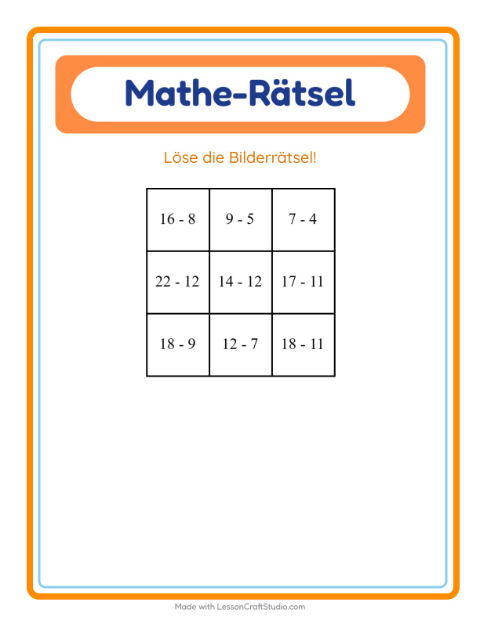 Vorschau: Mathe-Rätsel-Arbeitsblatt mit Zootiere für 1. Klasse