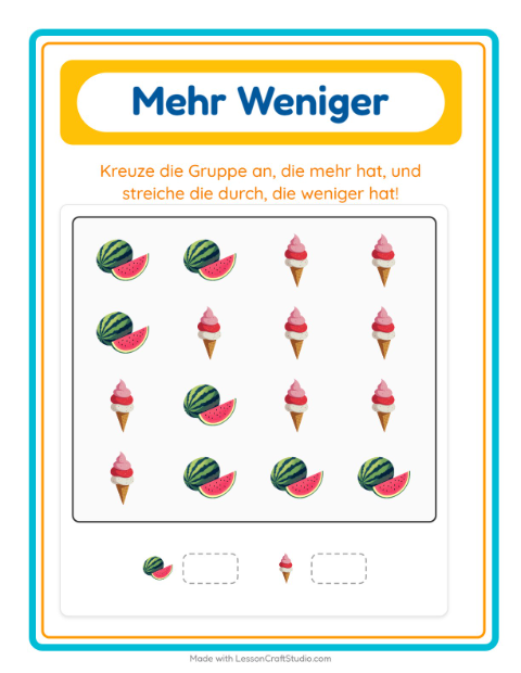 Vorschau: Mehr oder weniger-Arbeitsblatt mit 4. Juli für Vorschule