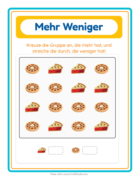 Vorschau: Mehr oder weniger-Arbeitsblatt mit Bäckerei für Vorschule