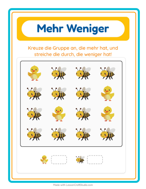 Vorschau: Mehr oder weniger-Arbeitsblatt mit Bauernhoftiere für Vorschule