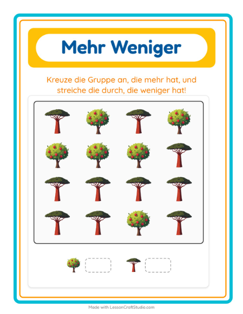 Vorschau: Mehr oder weniger-Arbeitsblatt mit Bäume für Vorschule