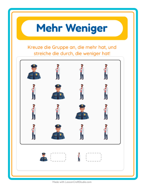 Vorschau: Mehr oder weniger-Arbeitsblatt mit Berufe für Vorschule