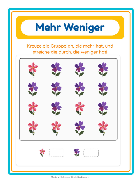 Vorschau: Mehr oder weniger-Arbeitsblatt mit Blumen für Vorschule