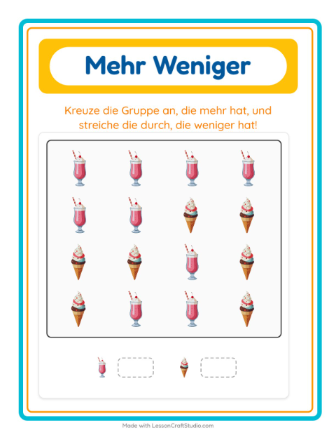 Vorschau: Mehr oder weniger-Arbeitsblatt mit Desserts und Süßigkeiten für Vorschule