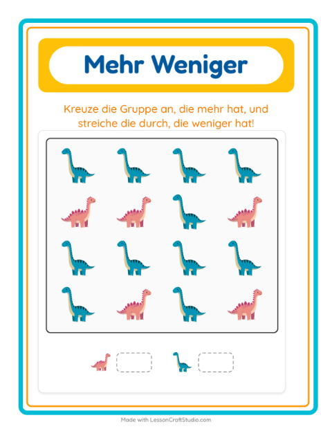 Vorschau: Mehr oder weniger-Arbeitsblatt mit Dinosaurier für Vorschule