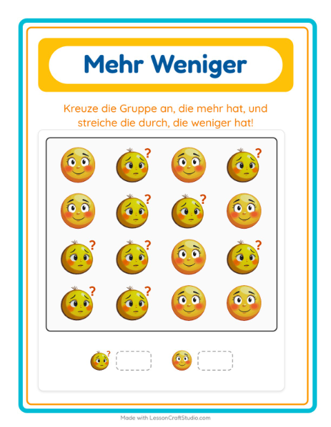 Vorschau: Mehr oder weniger-Arbeitsblatt mit Emotionen für Vorschule