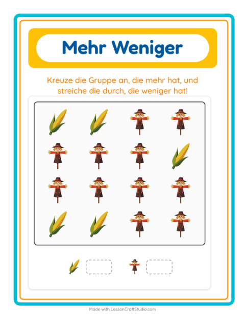 Vorschau: Mehr oder weniger-Arbeitsblatt mit Erntedankfest für Vorschule