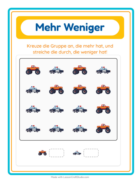 Vorschau: Mehr oder weniger-Arbeitsblatt mit Fahrzeuge für Vorschule