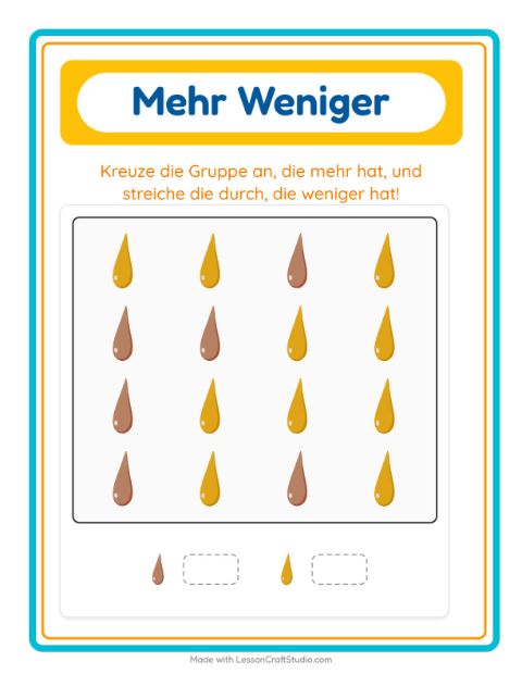 Vorschau: Mehr oder weniger-Arbeitsblatt mit Farben für Vorschule