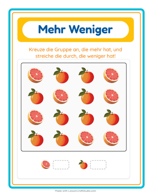 Vorschau: Mehr oder weniger-Arbeitsblatt mit Früchte für Vorschule