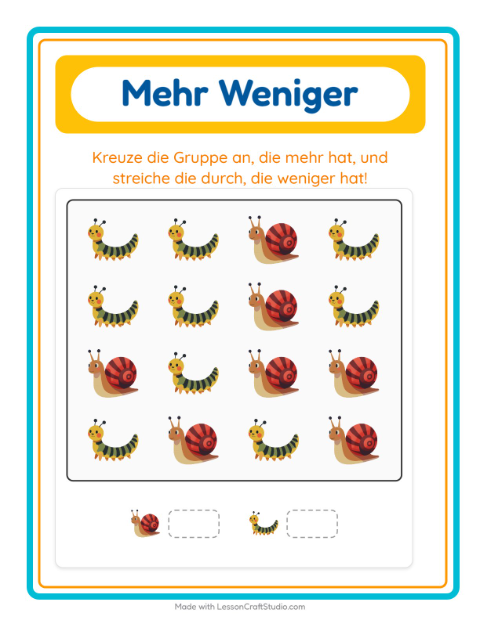 Vorschau: Mehr oder weniger-Arbeitsblatt mit Frühling für Vorschule