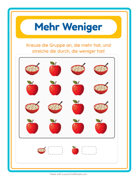 Vorschau: Mehr oder weniger-Arbeitsblatt mit Frühstück für Vorschule
