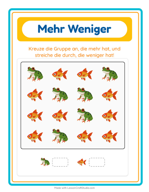 Vorschau: Mehr oder weniger-Arbeitsblatt mit Haustiere für Vorschule