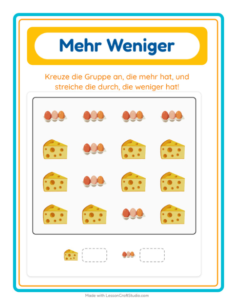 Vorschau: Mehr oder weniger-Arbeitsblatt mit Im Supermarkt für Vorschule