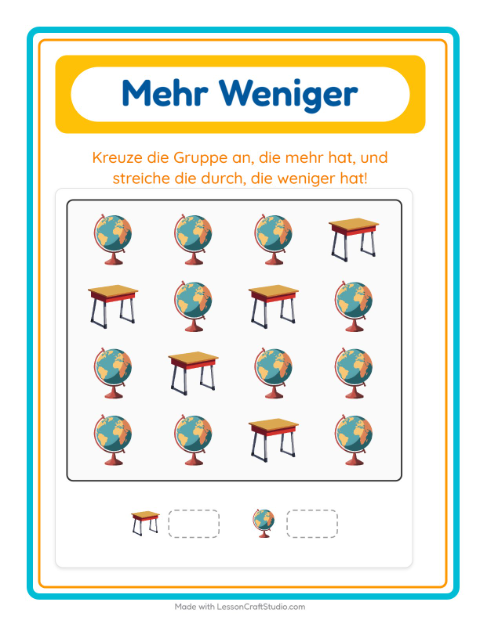 Vorschau: Mehr oder weniger-Arbeitsblatt mit Klassenzimmer für Vorschule