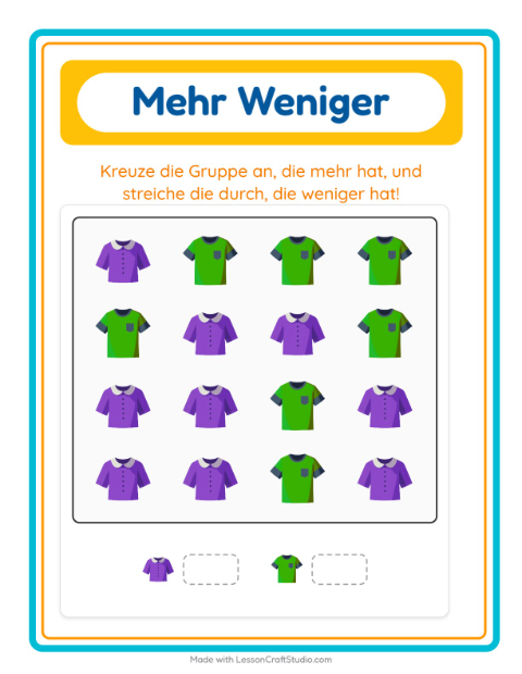 Vorschau: Mehr oder weniger-Arbeitsblatt mit Kleidung für Vorschule