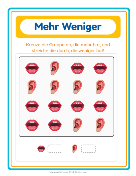 Vorschau: Mehr oder weniger-Arbeitsblatt mit Körperteile für Vorschule