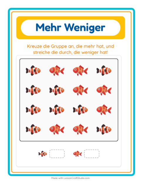 Vorschau: Mehr oder weniger-Arbeitsblatt mit Meeresleben für Vorschule