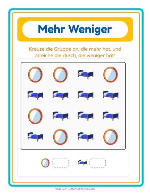 Vorschau: Mehr oder weniger-Arbeitsblatt mit Möbel für Vorschule