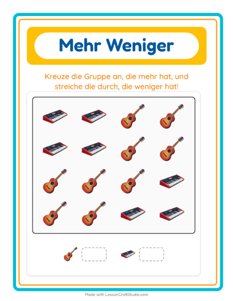 Vorschau: Mehr oder weniger-Arbeitsblatt mit Musik für Vorschule