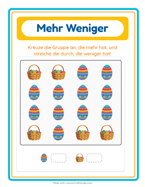 Vorschau: Mehr oder weniger-Arbeitsblatt mit Ostern für Vorschule