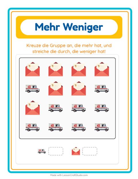 Vorschau: Mehr oder weniger-Arbeitsblatt mit Postamt für Vorschule