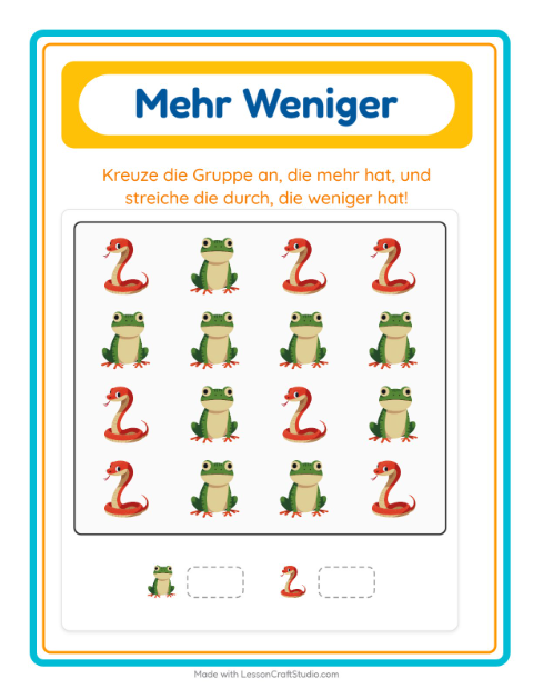 Vorschau: Mehr oder weniger-Arbeitsblatt mit Reptilien und Amphibien für Vorschule
