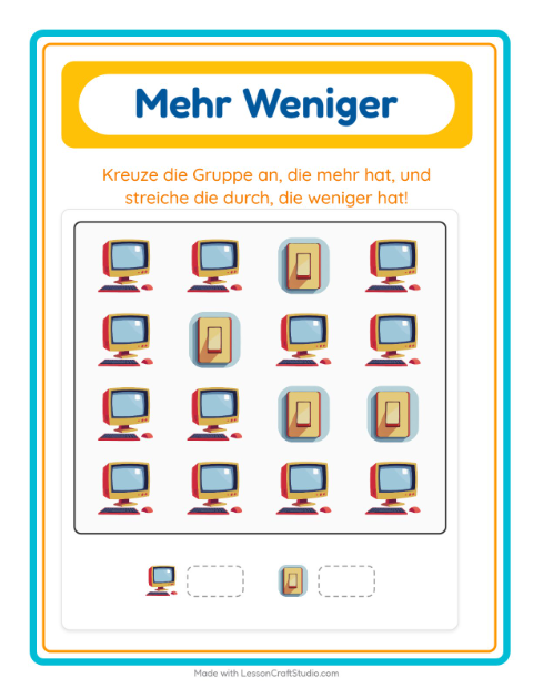 Vorschau: Mehr oder weniger-Arbeitsblatt mit Rund ums Haus für Vorschule